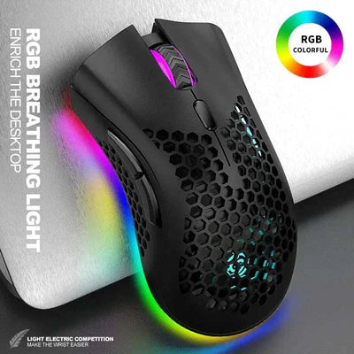 Wireless honeycomb design gaming mouse with RGB breathing light and rechargeable wireless technology