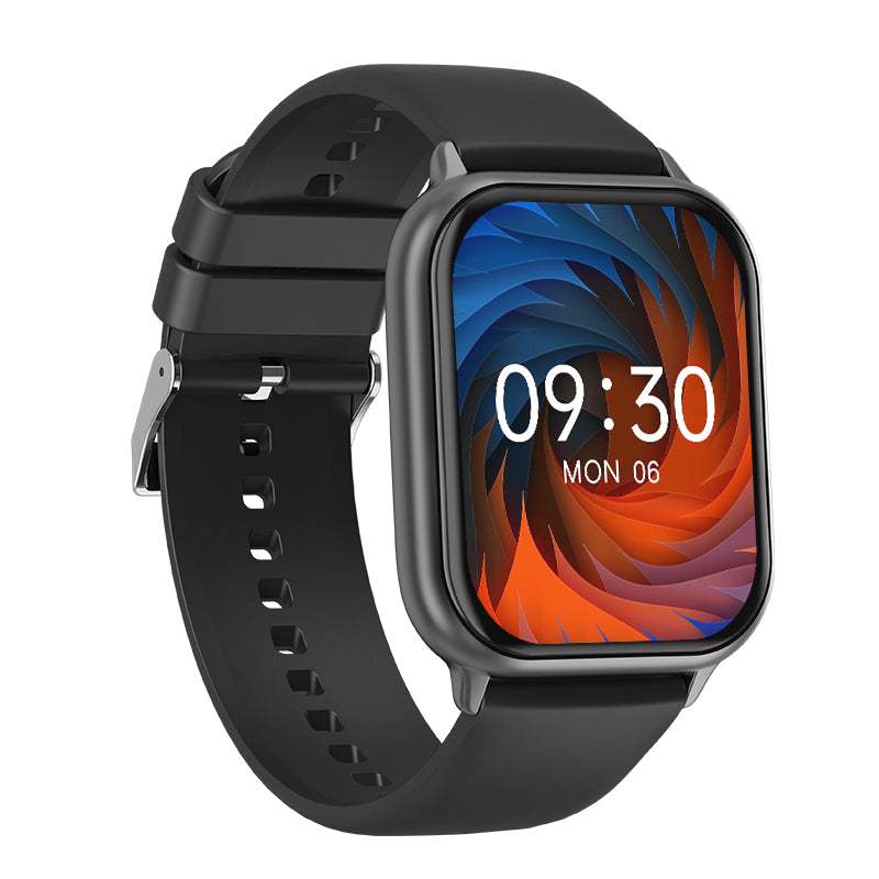 Smartwatch T17F with 1.85-inch display, black strap, fitness tracker, heart rate and sleep monitor, Bluetooth call feature, and IP68 waterproof design