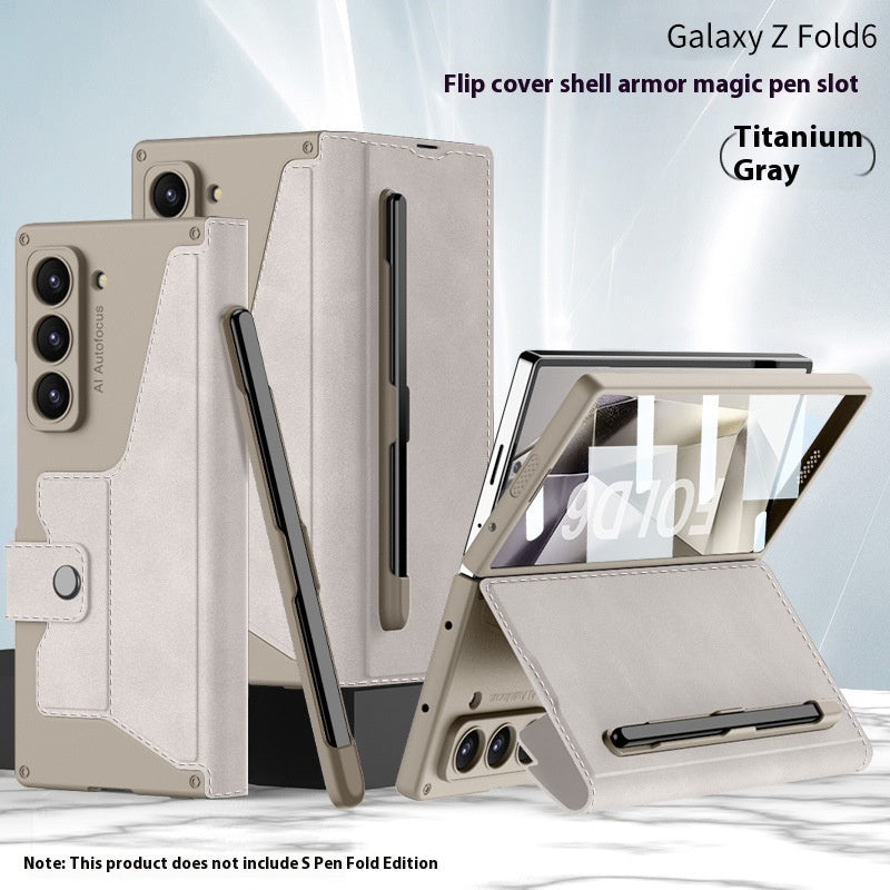 F Folding Phone Case Flip Leather Case for Galaxy Z Fold6 in Titanium Gray with magic pen slot