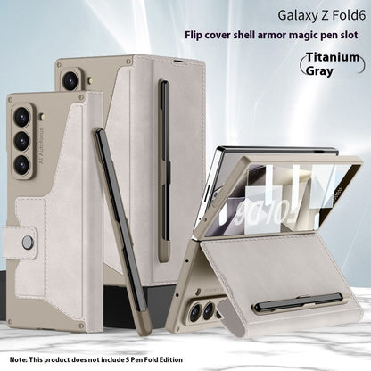 F Folding Phone Case Flip Leather Case for Galaxy Z Fold6 in Titanium Gray with magic pen slot