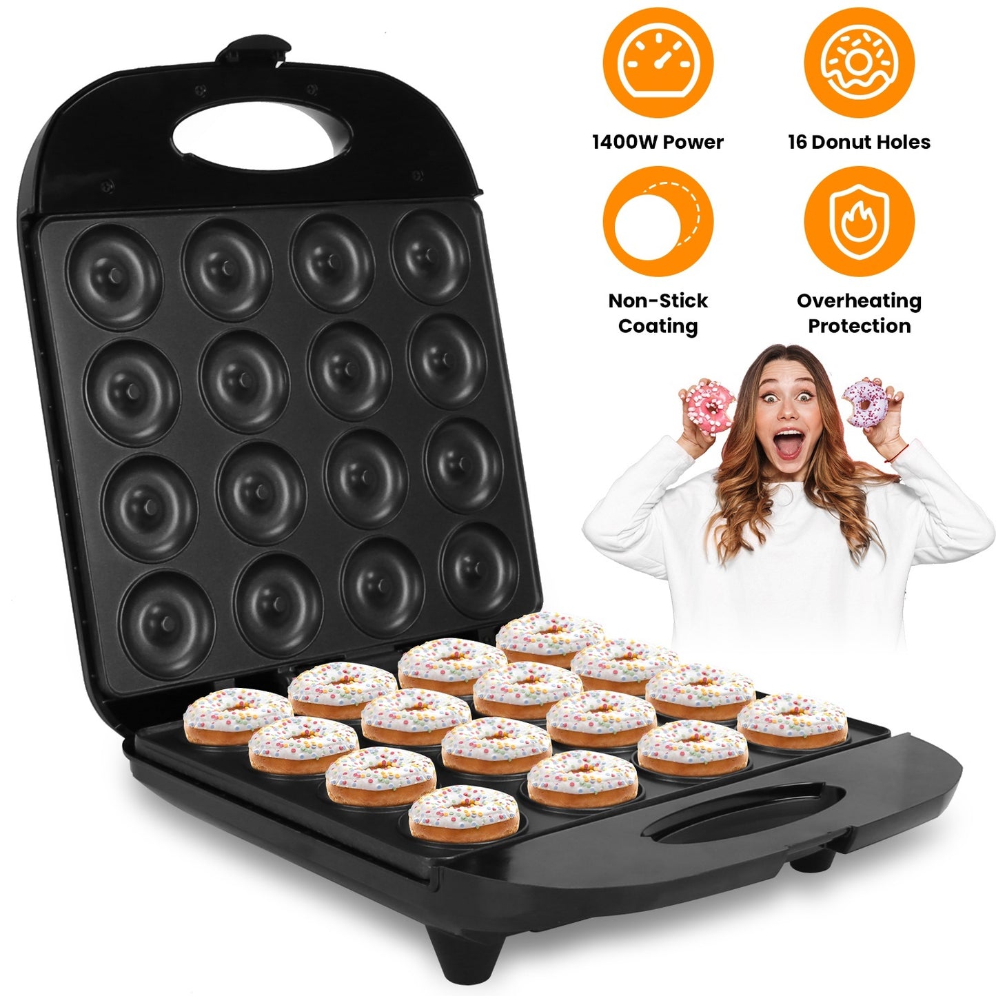 1Pc Mini Donut Maker Machine For Kids Snack Breakfast Desserts With 16 Doughnuts Holes Non Stick Coating Double-Side Heating Plates Overheating Protection
