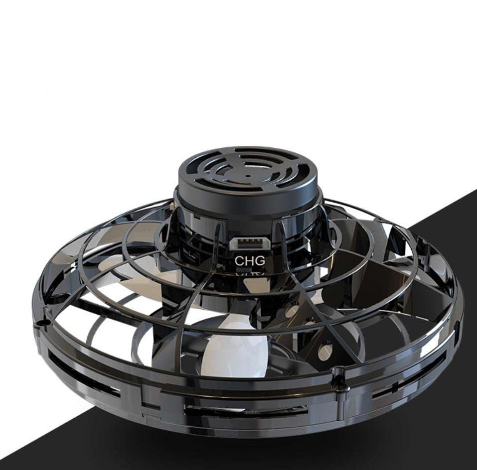 Black mini fingertip gyro interactive toy drone with USB charging port and protective cage design