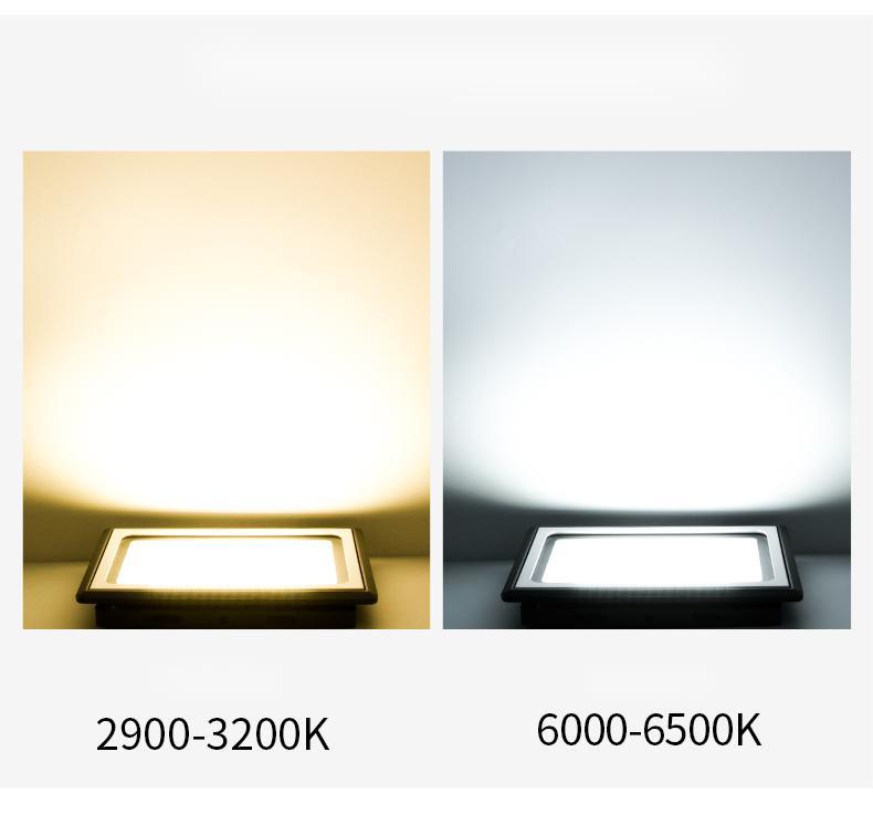 LED flood light options showing color temperatures 2900-3200K and 6000-6500K for outdoor lighting.