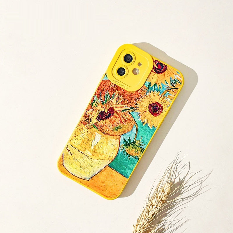 Sunflower iPhone14 silicone phone case featuring Van Gogh sunflower design on a yellow background.