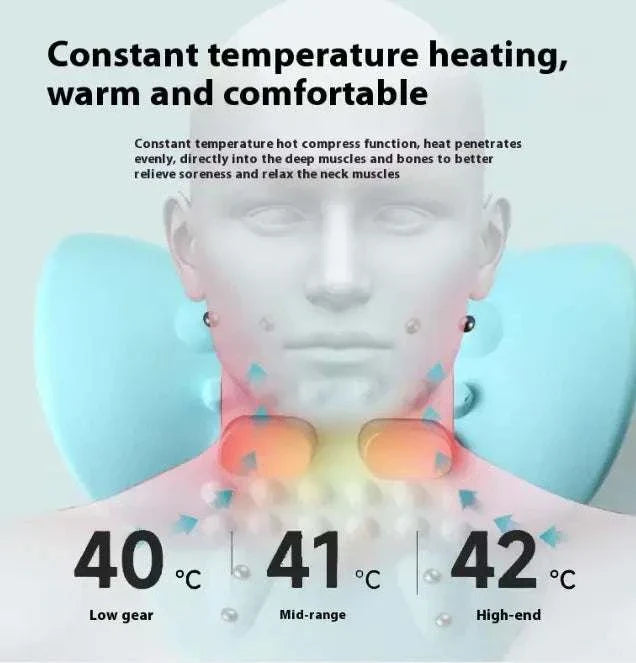 Neck massager with constant temperature heating at low, mid, and high settings for muscle relief and comfort.