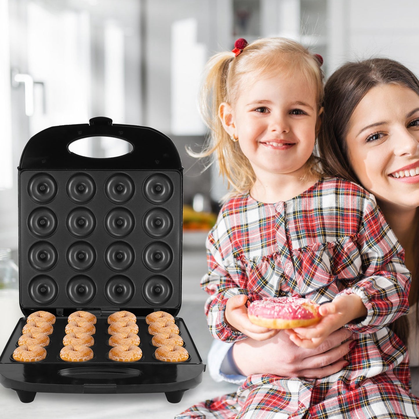 1Pc Mini Donut Maker Machine For Kids Snack Breakfast Desserts With 16 Doughnuts Holes Non Stick Coating Double-Side Heating Plates Overheating Protection