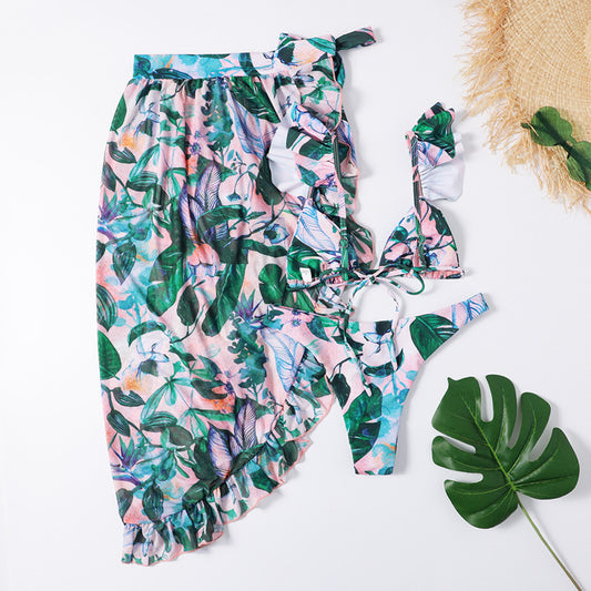 Split Mesh Three-piece Printed Bikini