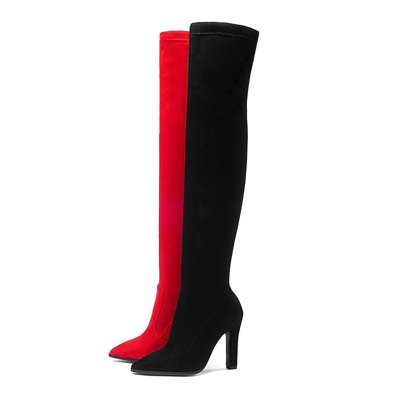 Women's Boots Suede Pointed Toe Chunky Heel Shoes High-heeled High Top Leg Repair Stretch Boots Boots