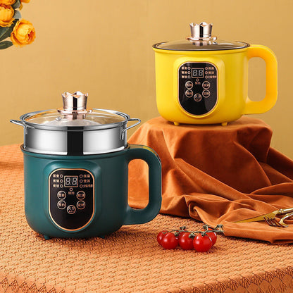 Household Electric Cooker Multifunctional Mini Smart Electric Caldron in teal and yellow with touch controls.