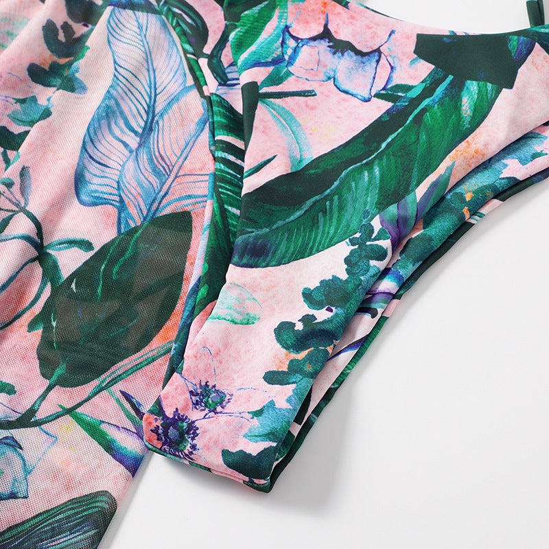Split Mesh Three-piece Printed Bikini