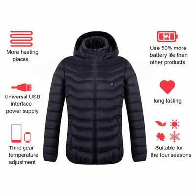 Heated Jacket Coat in blue, black, and red with 🔥hot heating zones for organic warmth control, stylish and lightweight design.