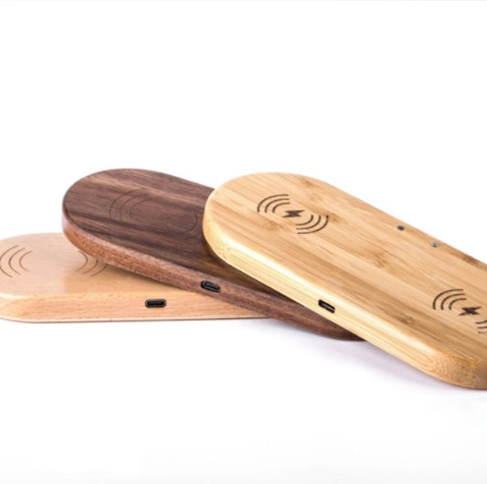 Wooden wireless charger featuring stylish bamboo, beech, and walnut designs for direct charging.