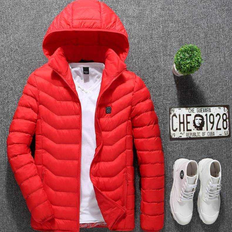 Enticing 🔥 Heated Jacket Coat in vibrant red, featuring a removable hood and lightweight design for warmth.