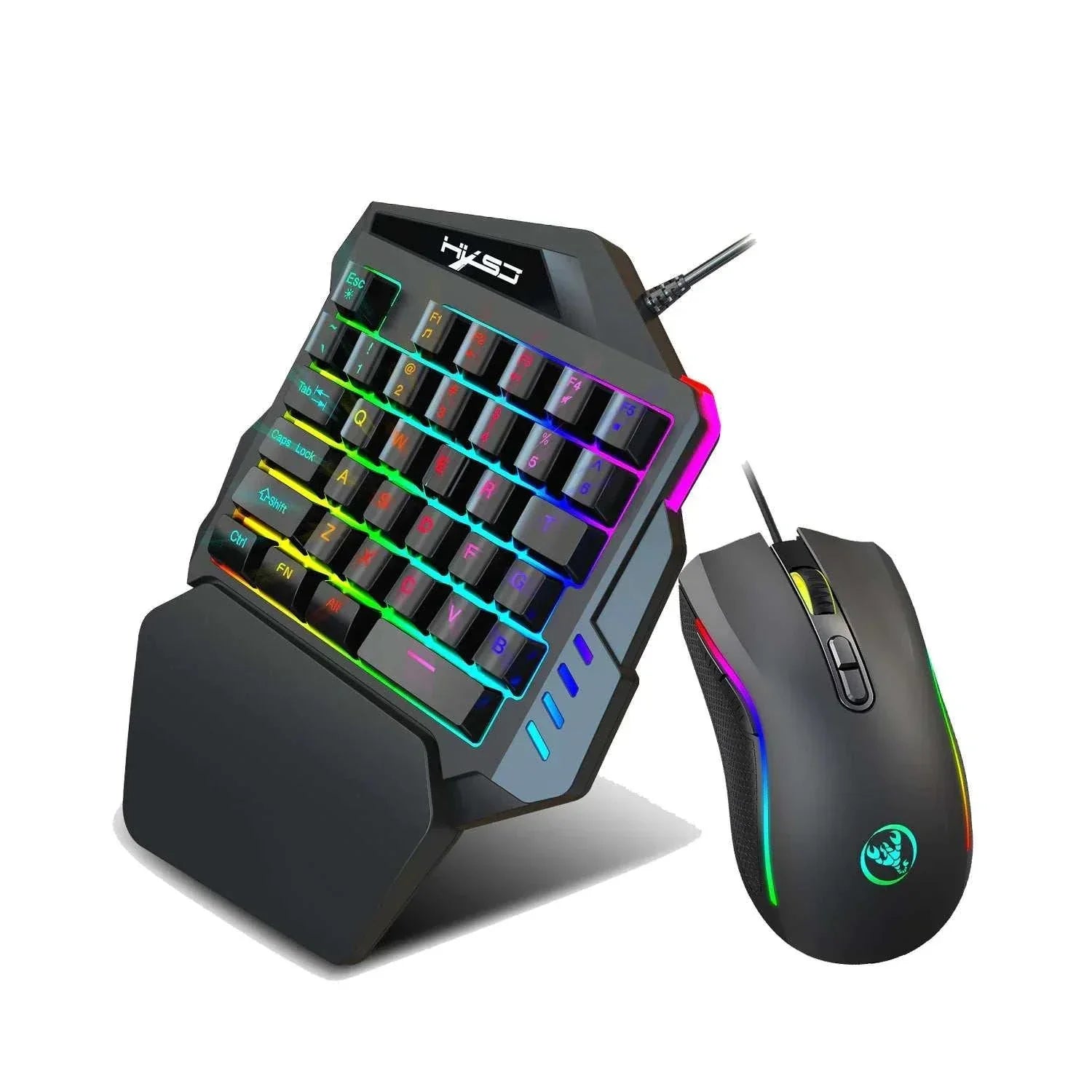 one-handed mechanical gaming keyboard with RGB lighting and ergonomic design paired with RGB gaming mouse
