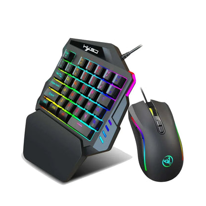 one-handed mechanical gaming keyboard with RGB lighting and ergonomic design paired with RGB gaming mouse