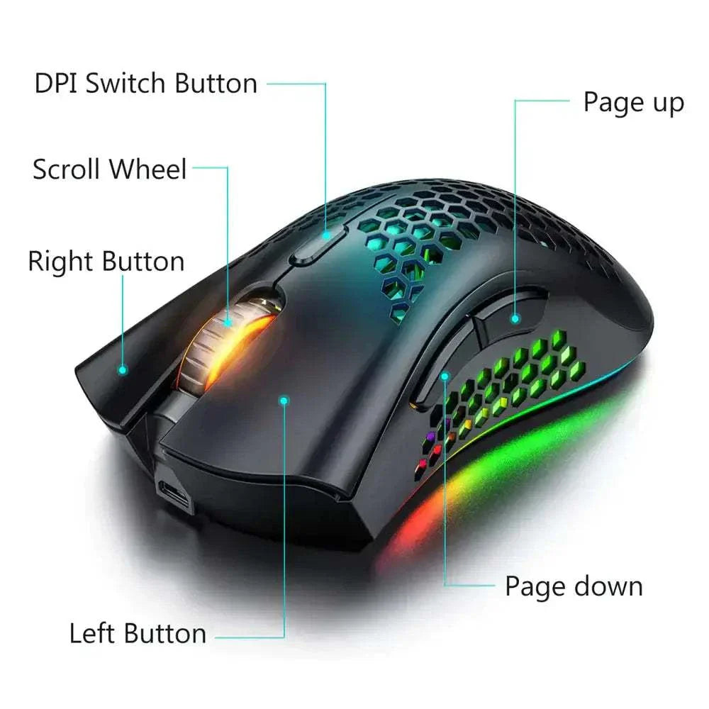 Black wireless gaming mouse with ergonomic honeycomb design, RGB backlit, adjustable DPI, and rechargeable battery