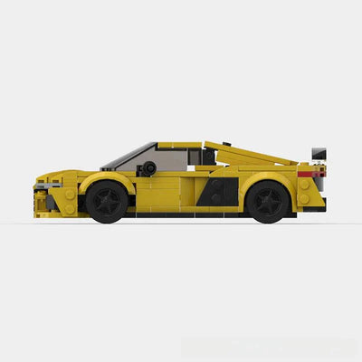 Yellow Audi R8 MOC racing model building kit made of 362 compatible LEGO-style pieces