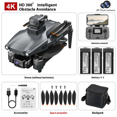 L600 PRO MAX Drone with 4K dual camera, remote control, batteries, spare propellers, accessories, and backpack kit