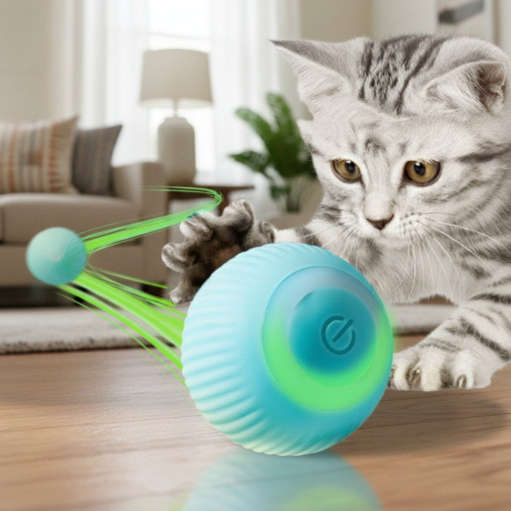 Cat playing with a blue rechargeable gravity electric rolling ball pet toy