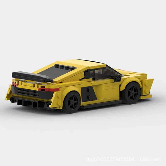 Yellow Audi R8 MOC racing model made of 362 LEGO-compatible building blocks