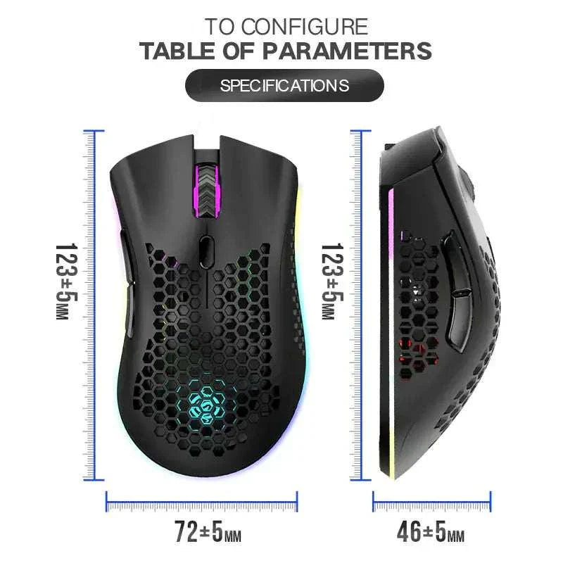 Wireless gaming mouse with rechargeable battery, honeycomb design, RGB LED backlit, adjustable DPI, ergonomic shape, and 2.4GHz wireless connectivity.