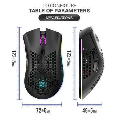 Wireless gaming mouse with rechargeable battery, honeycomb design, RGB LED backlit, adjustable DPI, ergonomic shape, and 2.4GHz wireless connectivity.