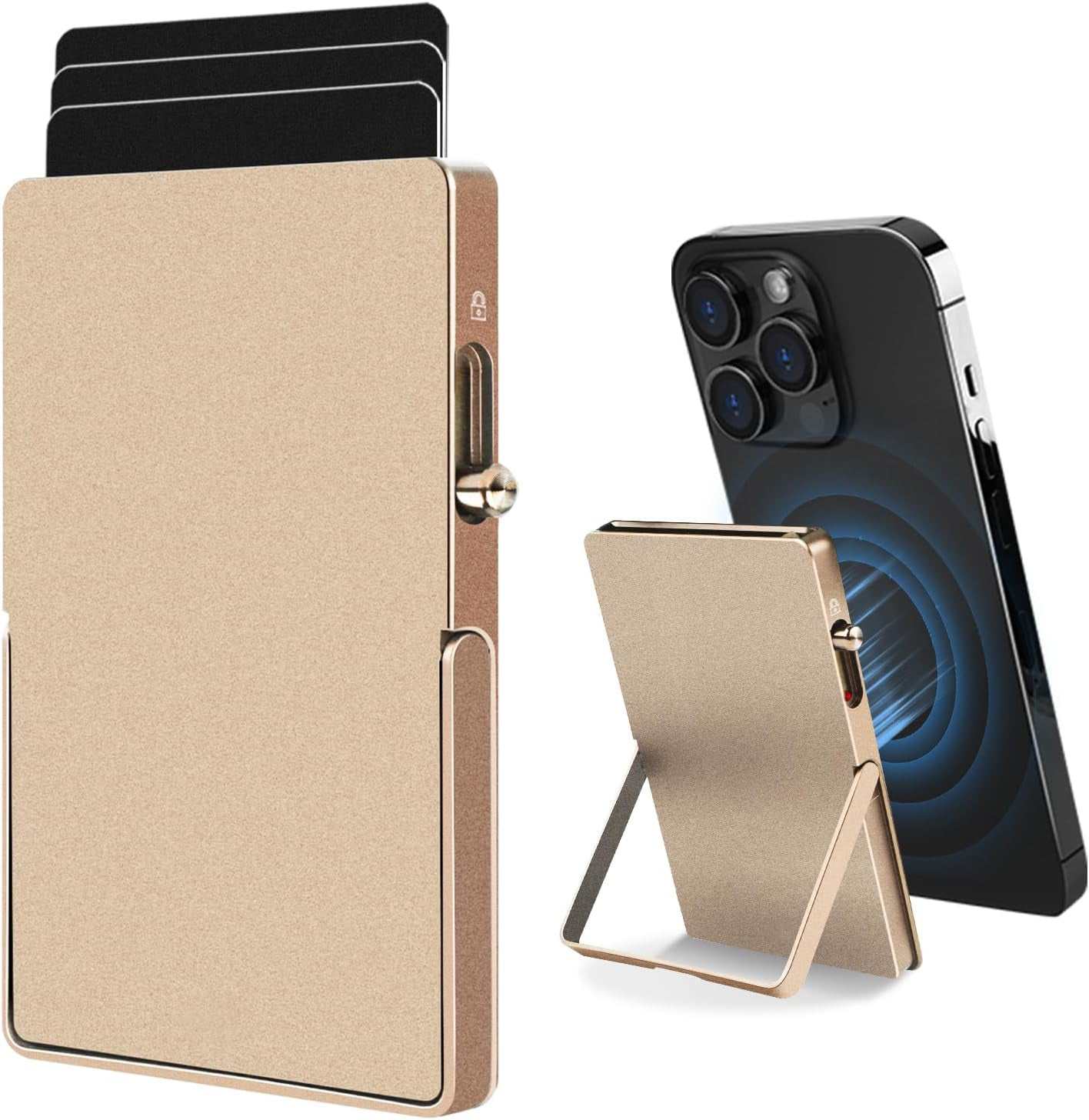 Minimalist RFID blocking metal wallet with magnetic pop-up card holder and adjustable stand for phones