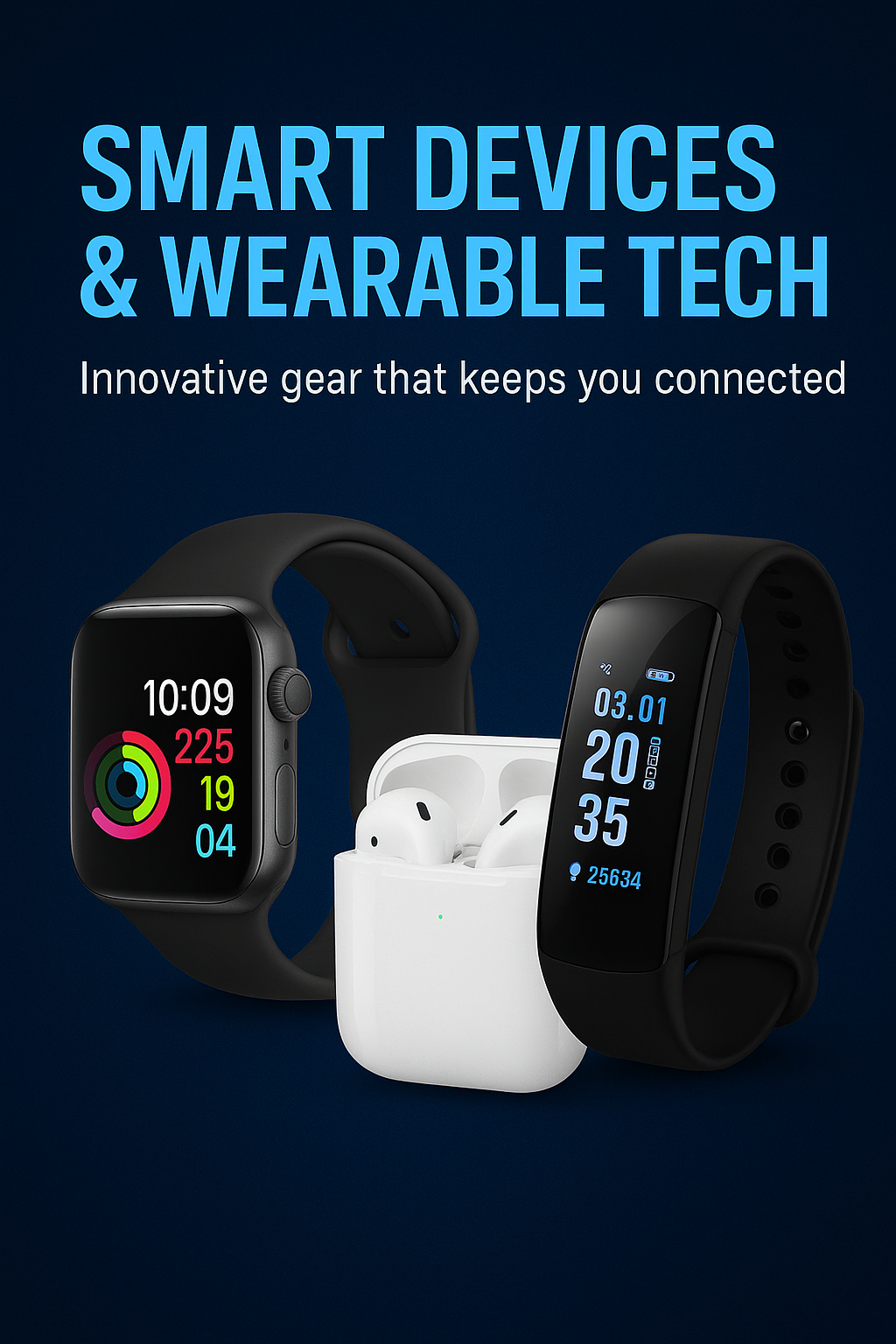 Smartwatch and fitness tracker with text 'Smart Devices & Wearable Tech' on a dark background