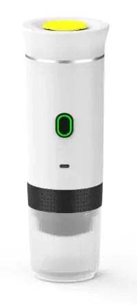 Portable TravelMate Espresso Brewer coffee machine in white with compact design and rechargeable battery for on-the-go espresso.