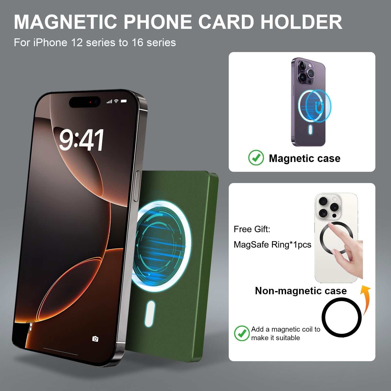 Slim RFID blocking wallet with magnetic card holder and adjustable stand for iPhone 12 to 16 series, metal minimalist design.