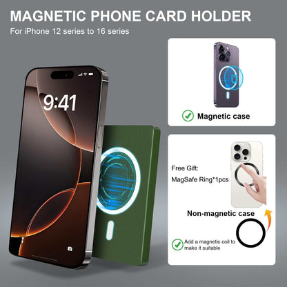 Slim RFID blocking wallet with magnetic card holder and adjustable stand for iPhone 12 to 16 series, metal minimalist design.