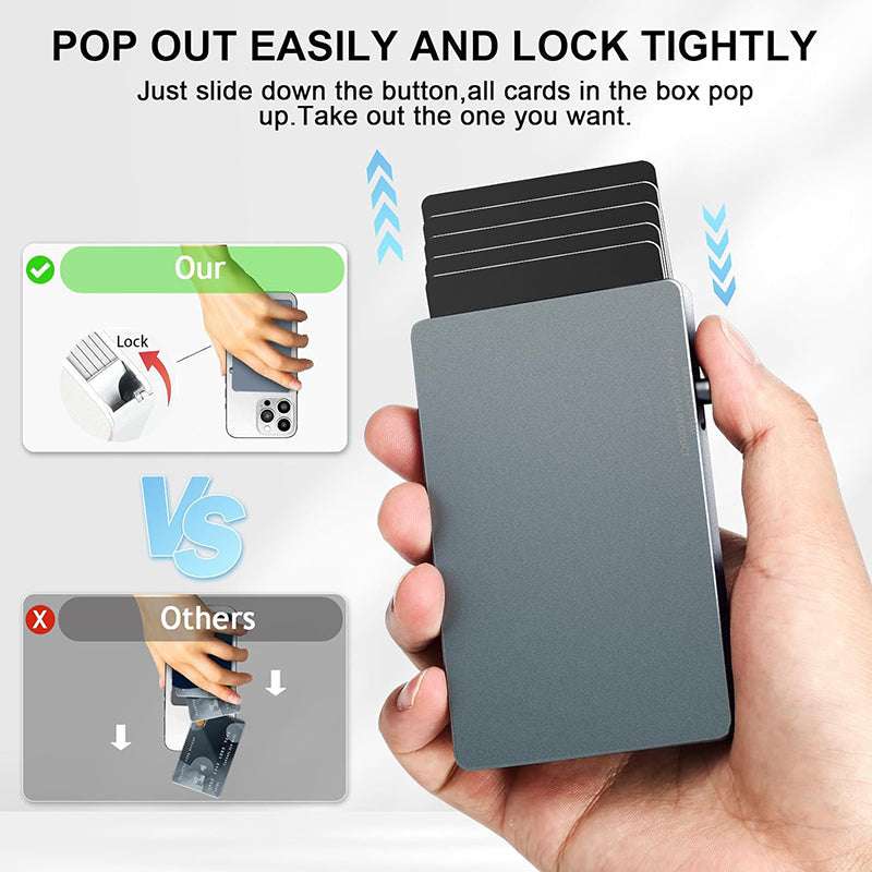 All-Aluminum Pop Up Slide RFID slim metal card wallet for men with quick access and secure lock mechanism