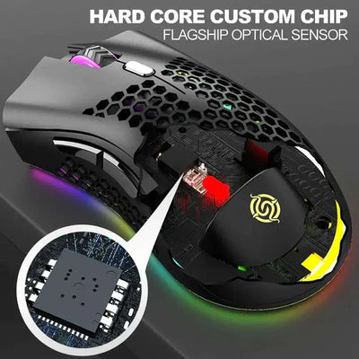 Wireless Gaming Mouse with ergonomic honeycomb design, RGB backlit, adjustable DPI, and high-performance optical sensor