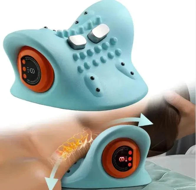 Portable blue neck massager with acupuncture nodes and digital controls for cervical spine relief and tension relief