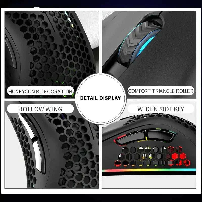 Wireless gaming mouse with honeycomb design, RGB lighting, comfort triangle scroll wheel, and widened side keys.