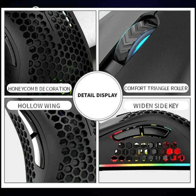 Wireless gaming mouse with honeycomb design, RGB lighting, comfort triangle scroll wheel, and widened side keys.
