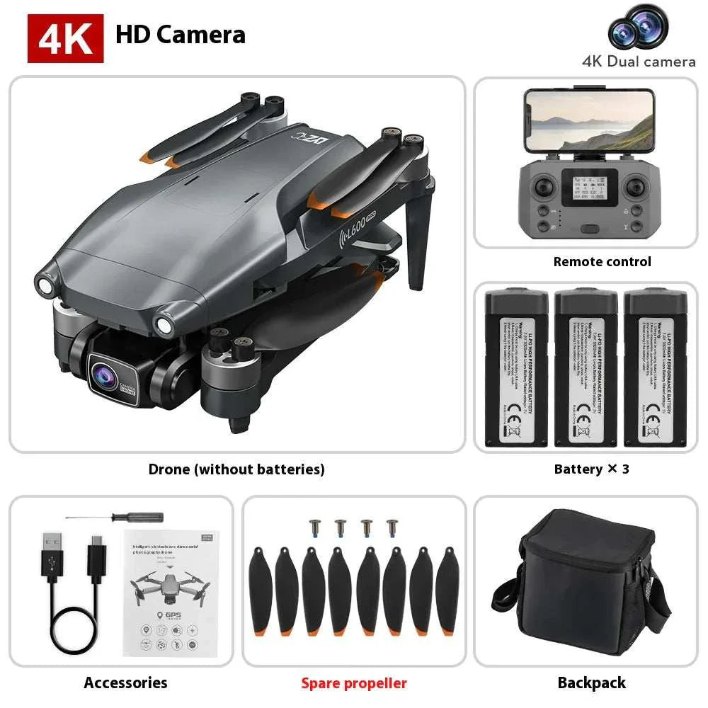 L600 PRO MAX Drone with 4K HD camera, remote control, batteries, accessories, spare propellers, and backpack kit