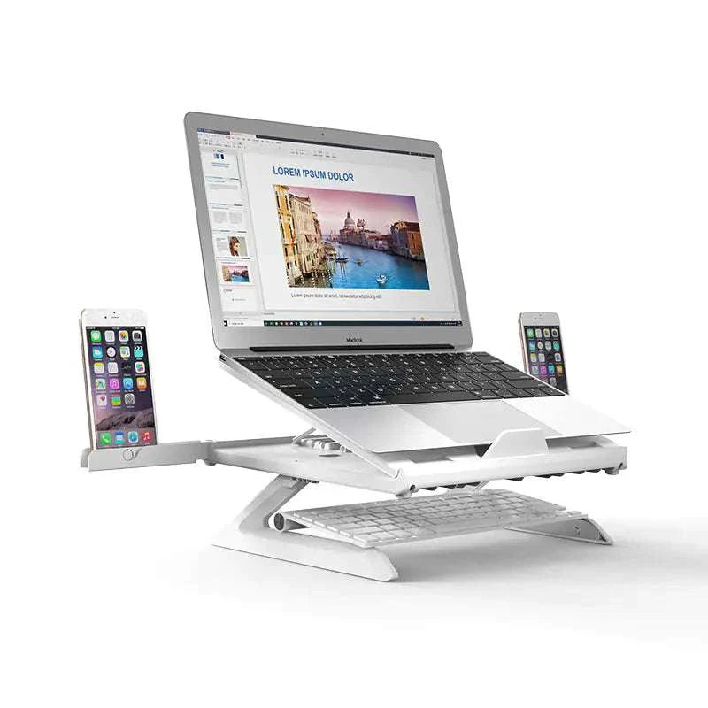 Adjustable multi-functional foldable laptop stand with aluminum base in white holding a laptop and smartphones