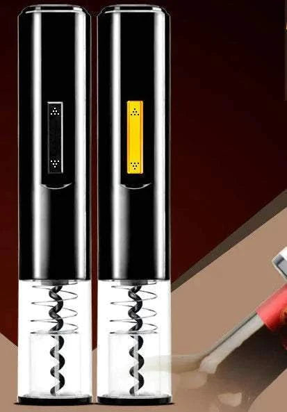 sleek black electric wine opener with corkscrew and transparent base on dark background