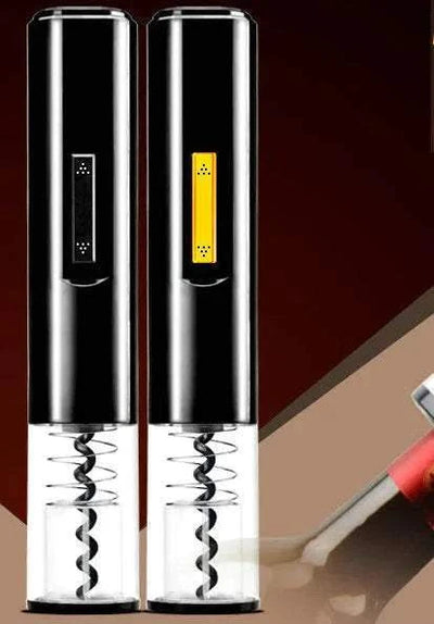 sleek black electric wine opener with corkscrew and transparent base on dark background