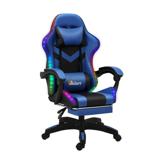 NNEED Racing Gaming Chair black and blue with RGB LED lights, 8-point massage, retractable footrest, ergonomic design, and omnidirectional wheels