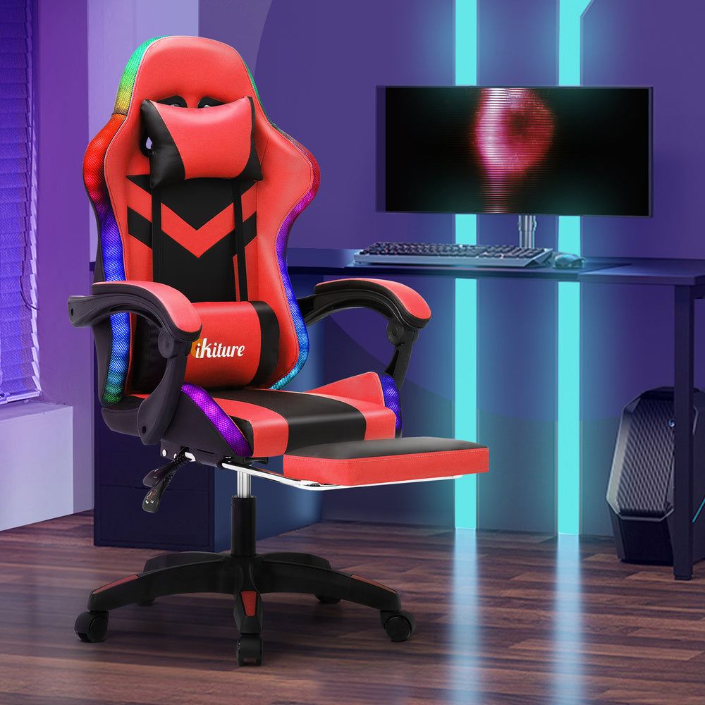 NNEED Racing Gaming Chair black and red with RGB LED, massage feature, retractable footrest, and ergonomic design in gaming setup