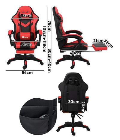 NNEED Racing Gaming Chair black and red with RGB LED, 8-point massage, adjustable height, footrest, and omnidirectional wheels
