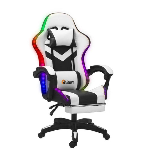 NNEED Racing Gaming Chair black and white with RGB LED lights and 8-point massage feature