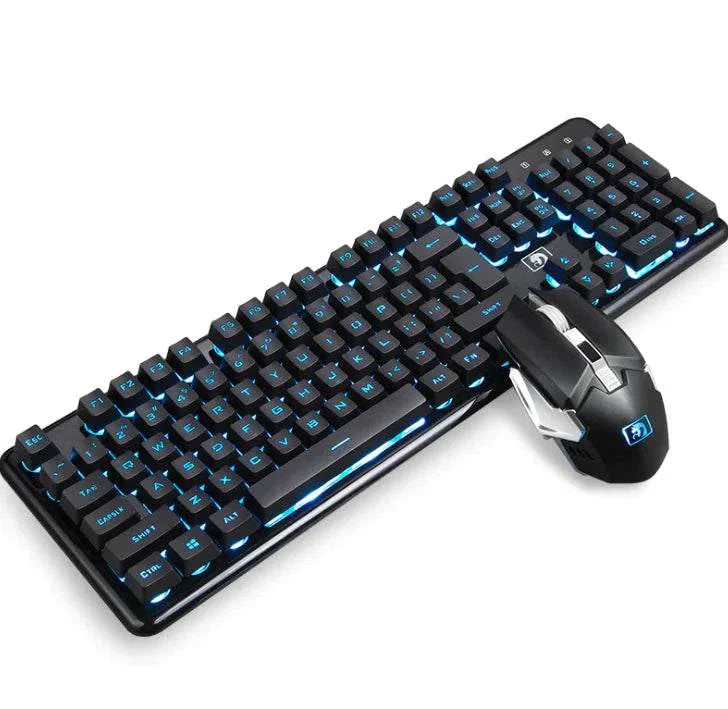 Wireless gaming keyboard and mouse set with blue backlighting and ergonomic design for PC gaming