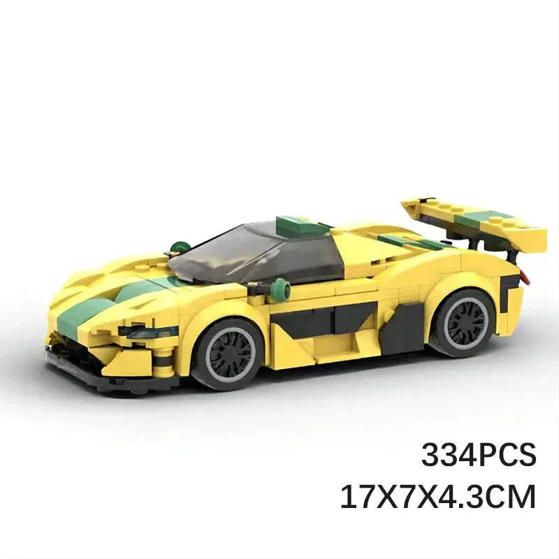 P1 GTR Speed Series Kit MOC-compatible yellow LEGO supercar model with 334 pieces