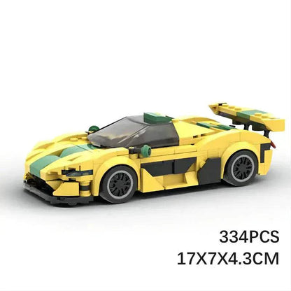P1 GTR Speed Series Kit MOC-compatible yellow LEGO supercar model with 334 pieces