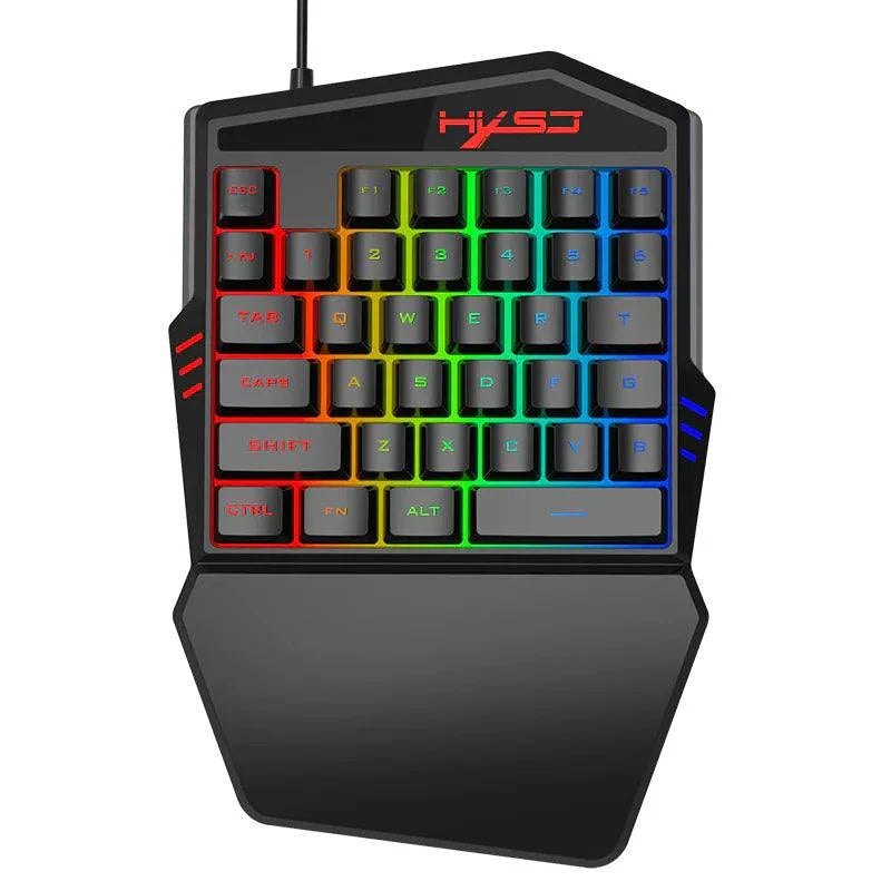 one handed mechanical gaming keyboard with RGB backlight and ergonomic wrist rest