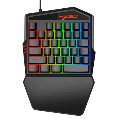 one handed mechanical gaming keyboard with RGB backlight and ergonomic wrist rest