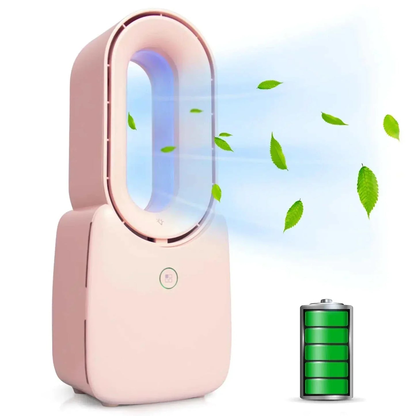 Compact bladeless pink small tower fan with quiet airflow and battery icon indicating portable wireless power
